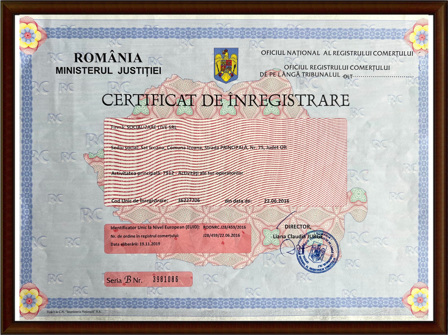 Certificatul de inregistrare al companiei Socializare Live SRL