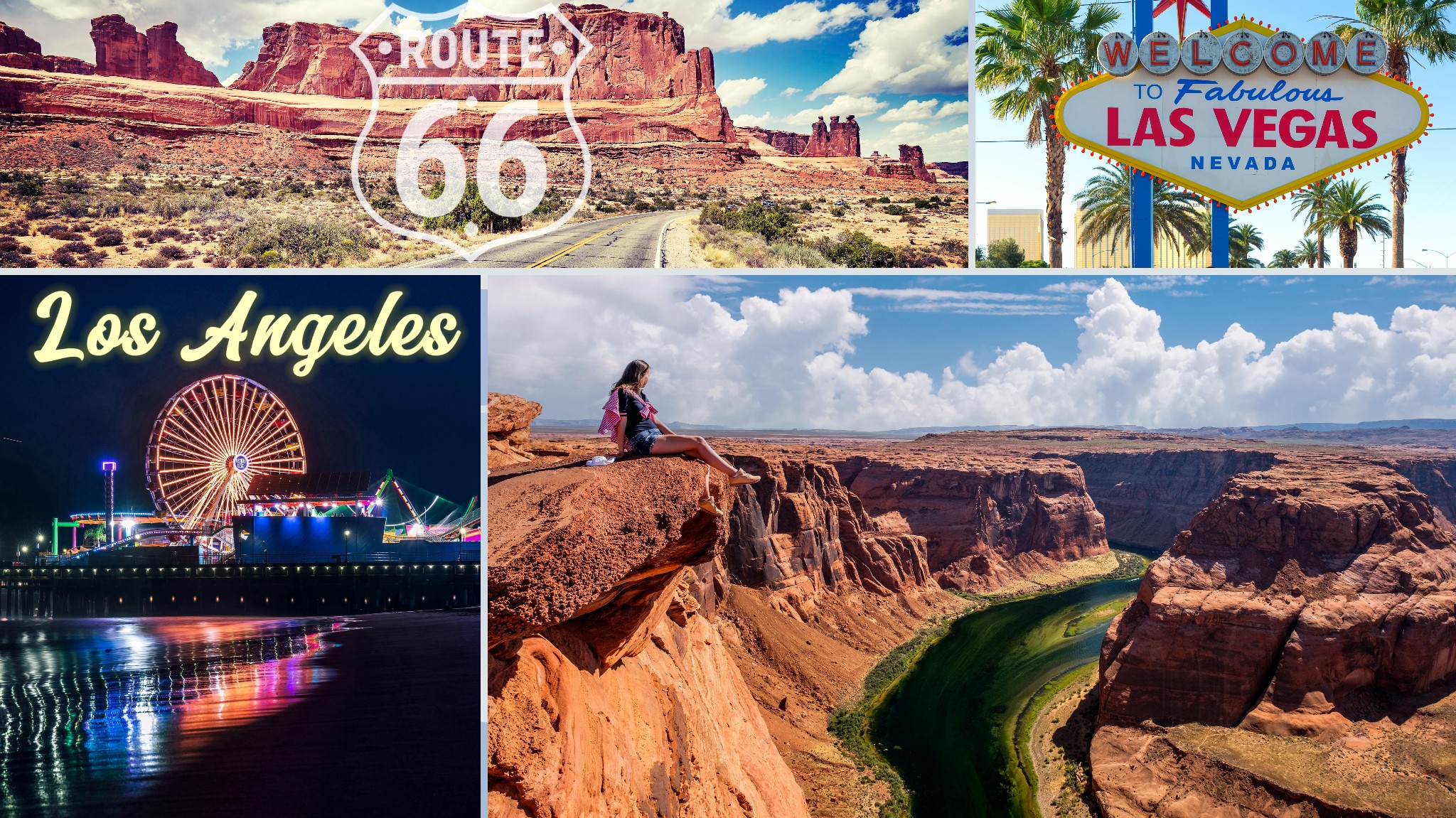 Colaj de imagini cu atracții din SUA incluzând Route 66, Las Vegas, Los Angeles, și Grand Canyon, utilizat ca cover pentru excursia Circuit American.