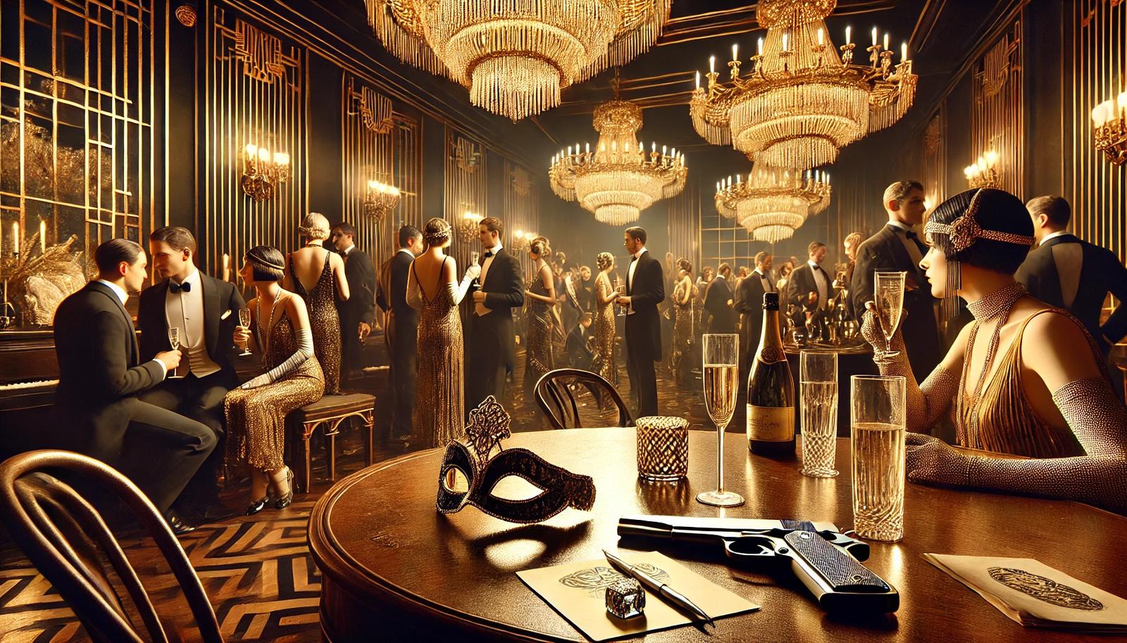 Imagine reprezentând un eveniment de lux inspirat de anii ‘20, cu invitați eleganți într-un decor Art Deco. O atmosferă misterioasă este creată de detalii precum măști, un pistol discret pe o masă și invitați care par să împărtășească secrete.
