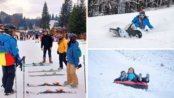 Grup pe partie in Poiana Brasov cu ski si snowboard
