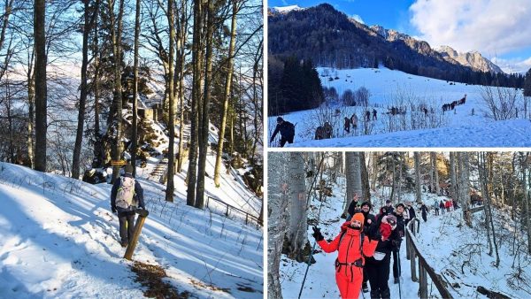 Drumetie de iarna pe Poteca Regala din Bucegi, panorama spre Valea Prahovei si Stancile Franz Josef