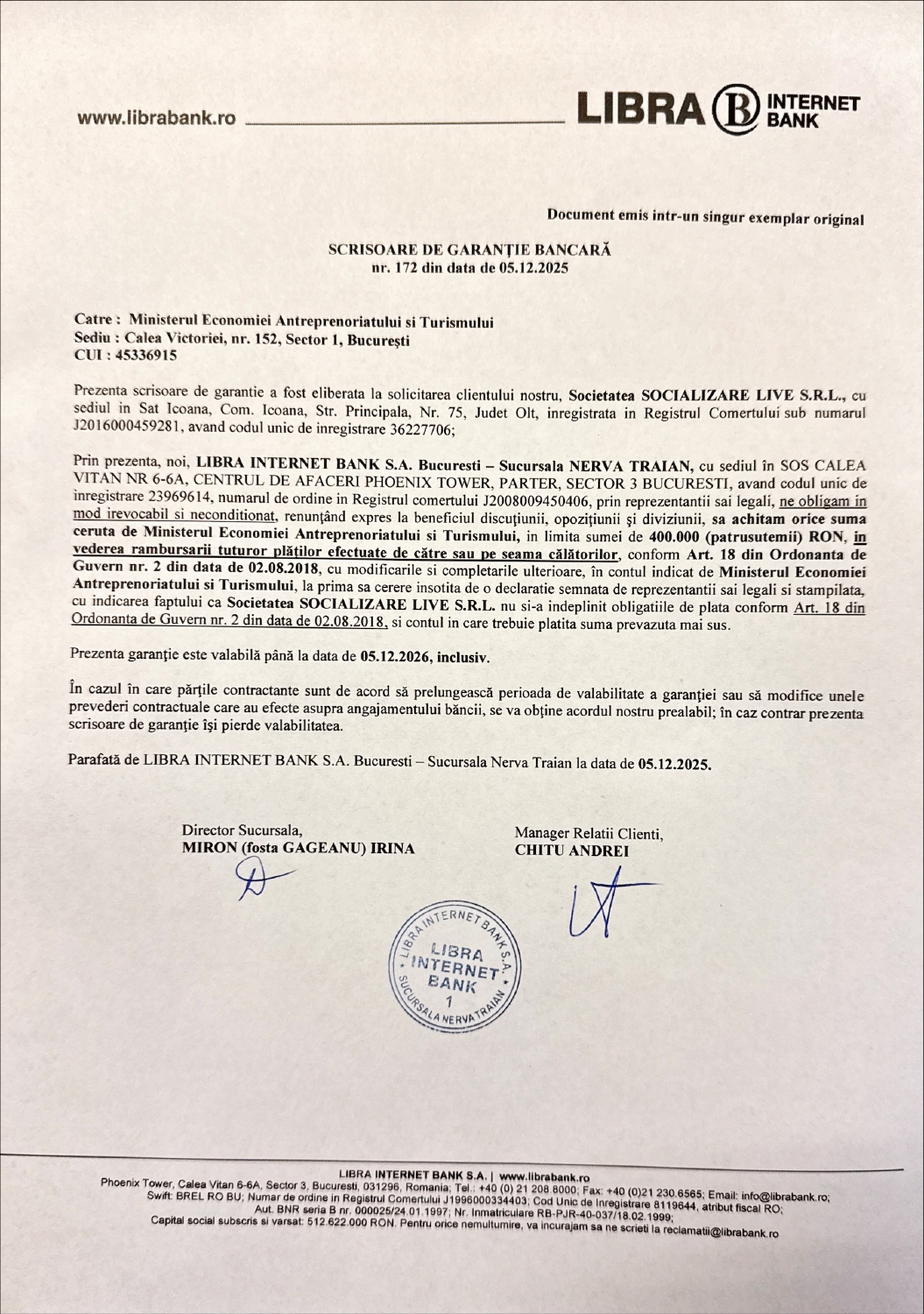 Scrisoare de garanție bancară emisă de Libra Internet Bank pentru Societatea Socializare Live SRL, garantând returnarea sumelor aferente turiștilor conform legislației în vigoare.