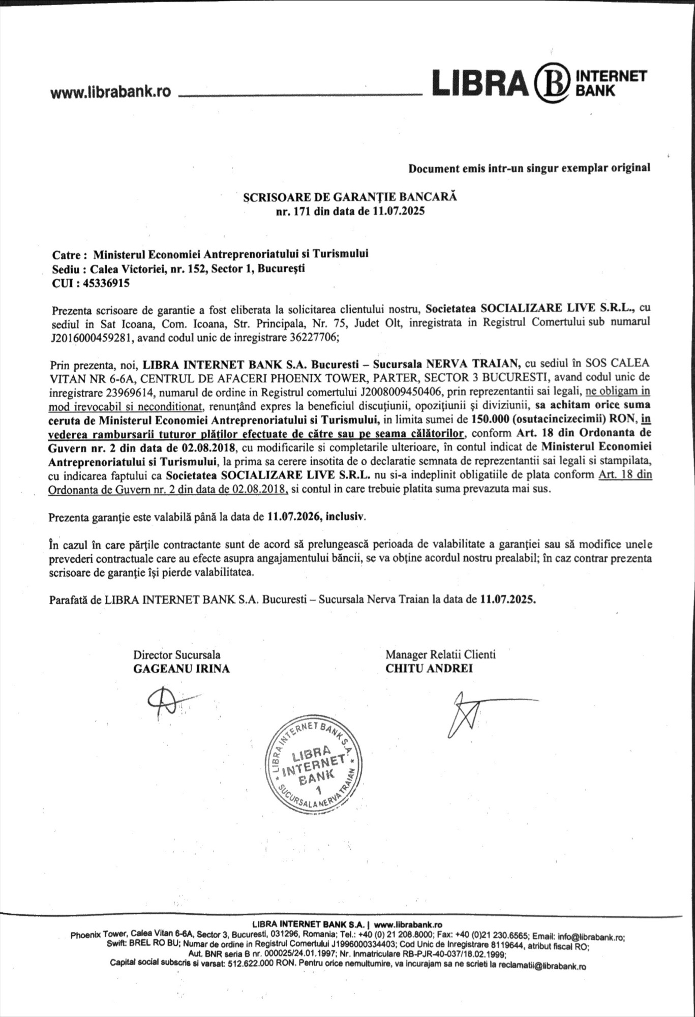 Scrisoare de garanție bancară emisă de Libra Internet Bank pentru Societatea Socializare Live SRL, garantând returnarea sumelor aferente turiștilor conform legislației în vigoare.