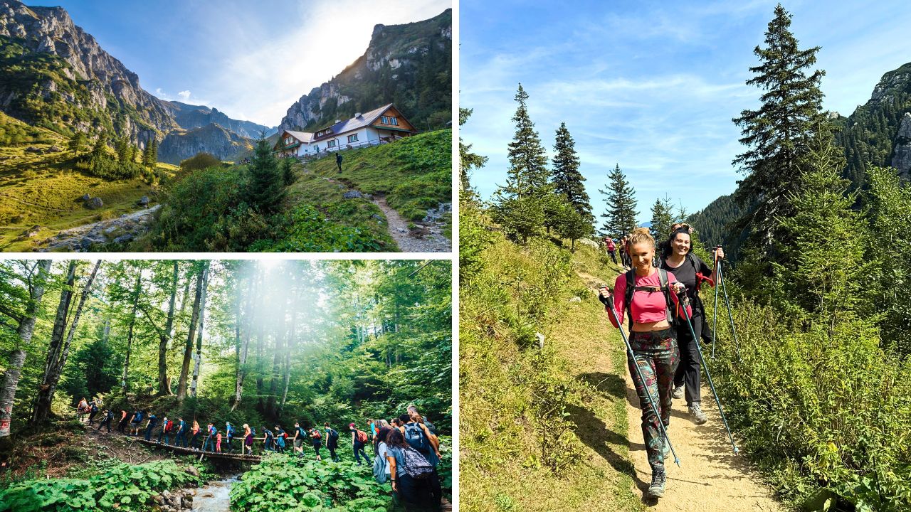 Grup de turisti pe traseul spre Cabana Malaiesti, inconjurati de padure, creste montane si peisaje spectaculoase din Masivul Bucegi