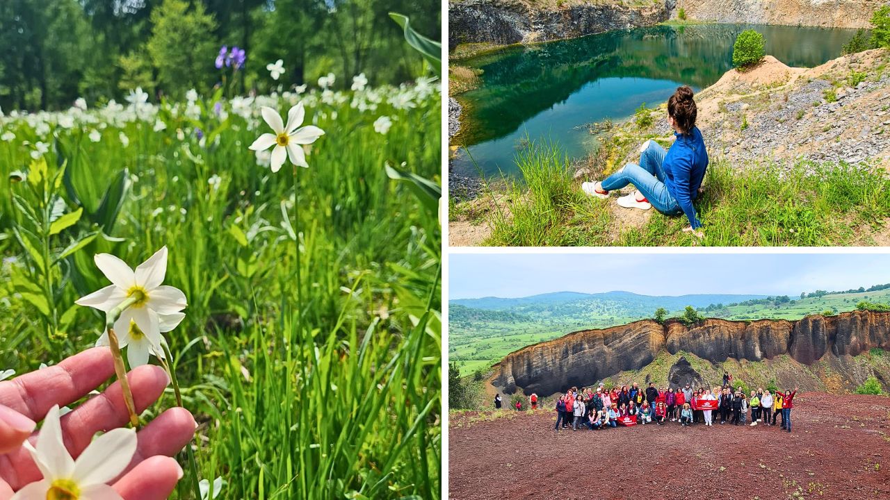 Vizitatori la Lacul de Smarald din Racos, peisaj cu vulcanul stins, Templul Ursitelor si campul plin de narcise inflorite