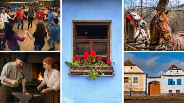 Grup de turisti in satul Viscri, in fata caselor sasesti traditionale si a bisericii fortificate, in timpul unei excursii de o zi in Transilvania