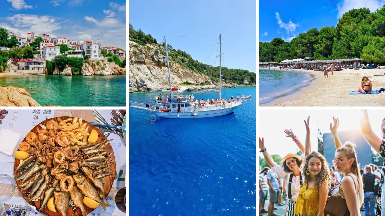 Grup de turisti pe plaja din Skiathos, la apus, in timpul festivalului Sea Breeze. Oameni care danseaza, socializare, mare turcoaz si atmosfera de vacanta in Koukounaries, Grecia.